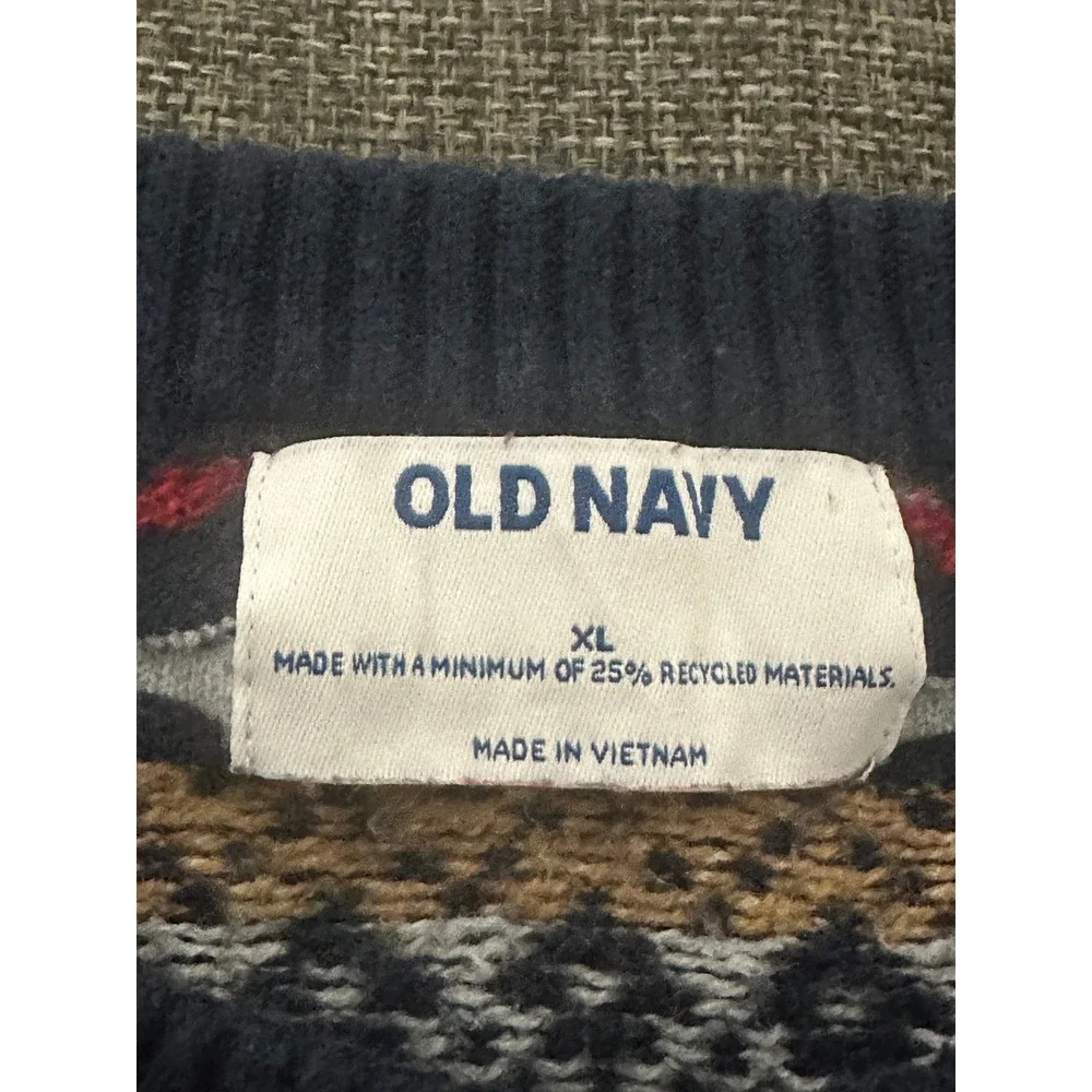 Old Navy Mens XL Sweater Fair Isle Knit Crewneck Navy Blue Multi